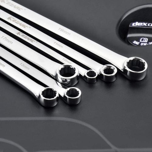 EZARC Extra Long Straight Open-End Wrench Set, Mirror Finish, Metric, 6-Piece Set, with Storage Bag