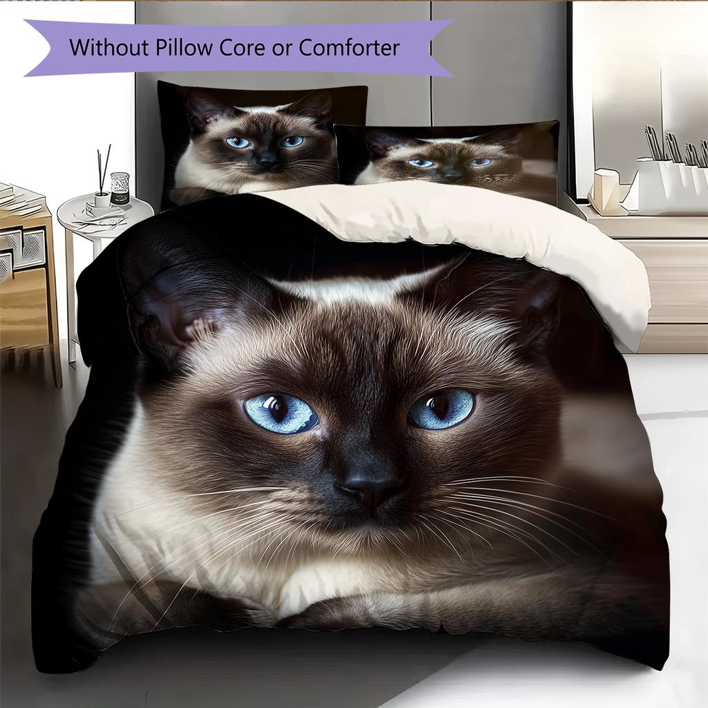 Black Siamese Cat Pattern Bedding Home Decoration Birthday Gift (1 * duvet cover + 2 * pillowcase, without core)