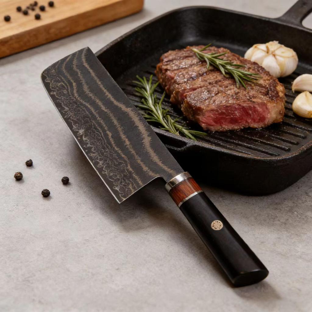 7 Inch Sicing Knife Tricolour Copper Damasus Steel Powder Alloy Steel Blade Wood Handle Chef Cleaver Meat Handmade Kitchen Knife