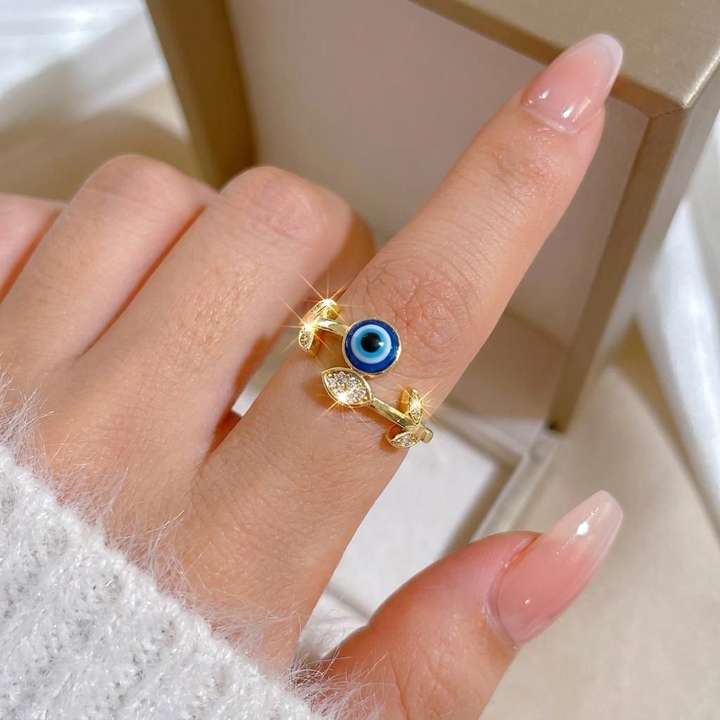 Blue Evil Eye Leaf Copper Embedded Cubic Zirconia Ring for Women Elegant Open Design Sensation Ring Finger Ring for Trendsetters