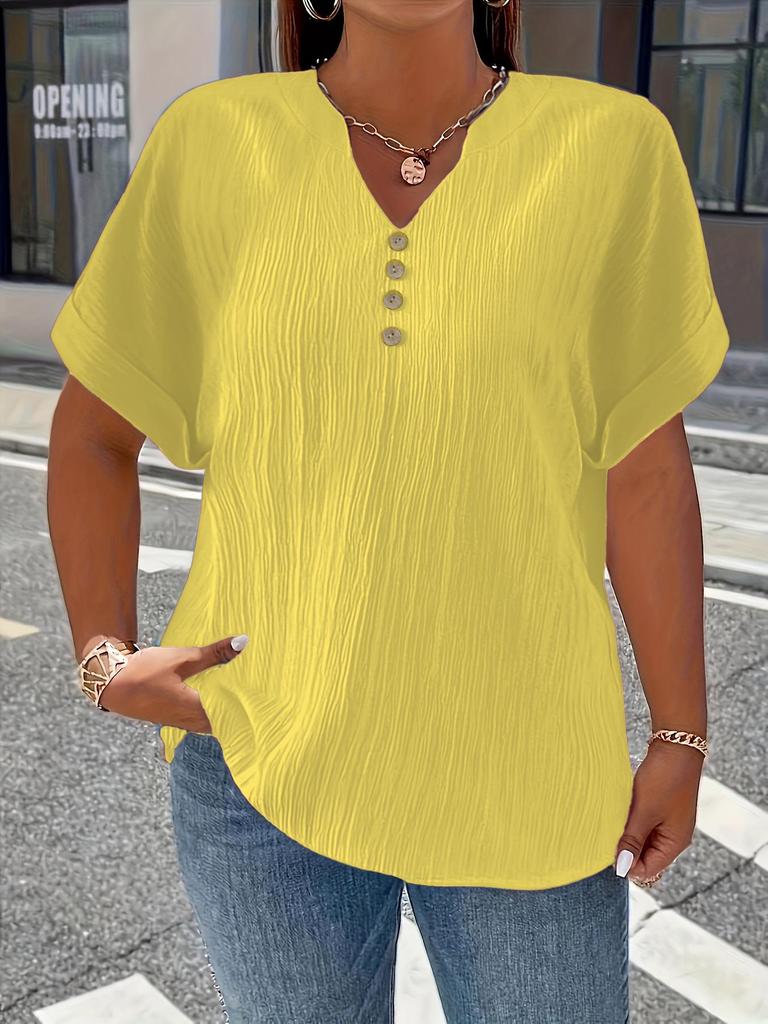 Plus Size Women's Solid V-Neck Buttoned Short Sleeve Top - Comfortable & Loose Fit, 2025 Collection.