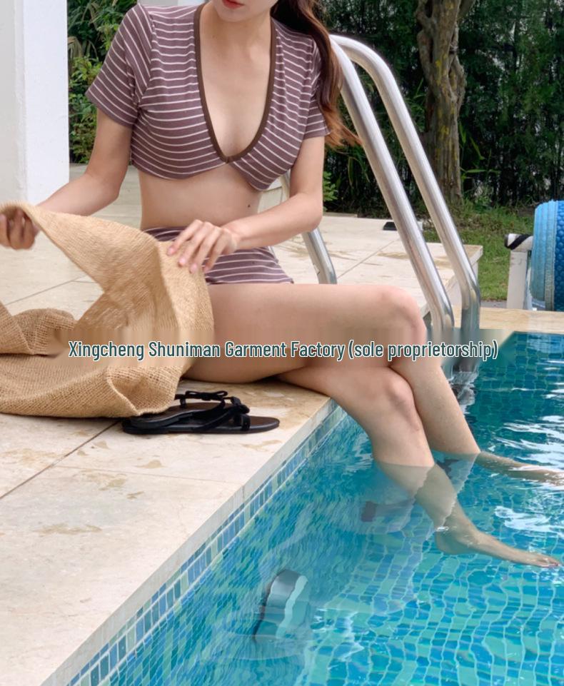 High-Waisted Striped Korean-Style Bikini - Two-Piece Swimwear for Small Busts