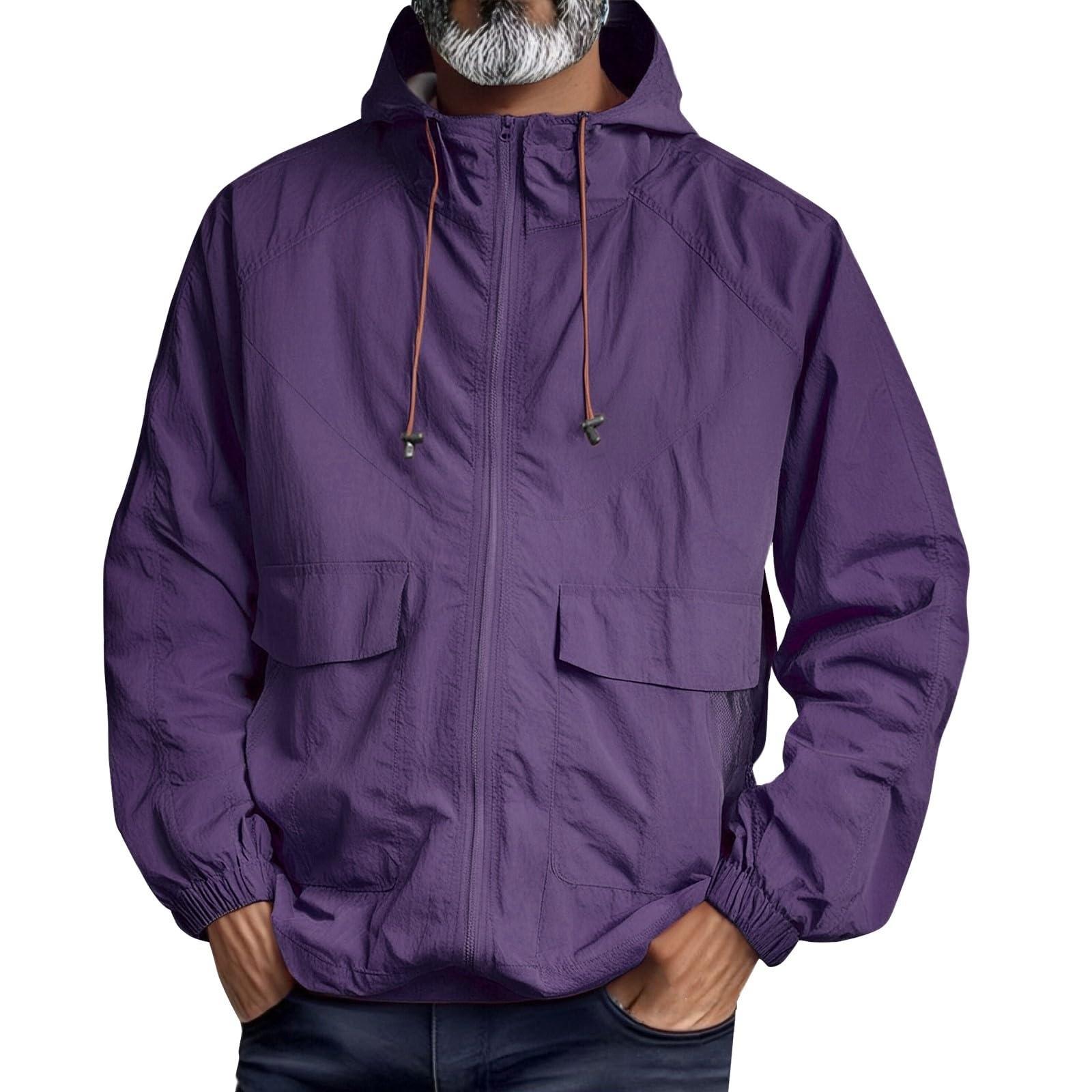 

Men s Outdoor Windproof Sun Jacket - Large Pocket Zip Adjustable Hooded Trench Coat S фіолетовий