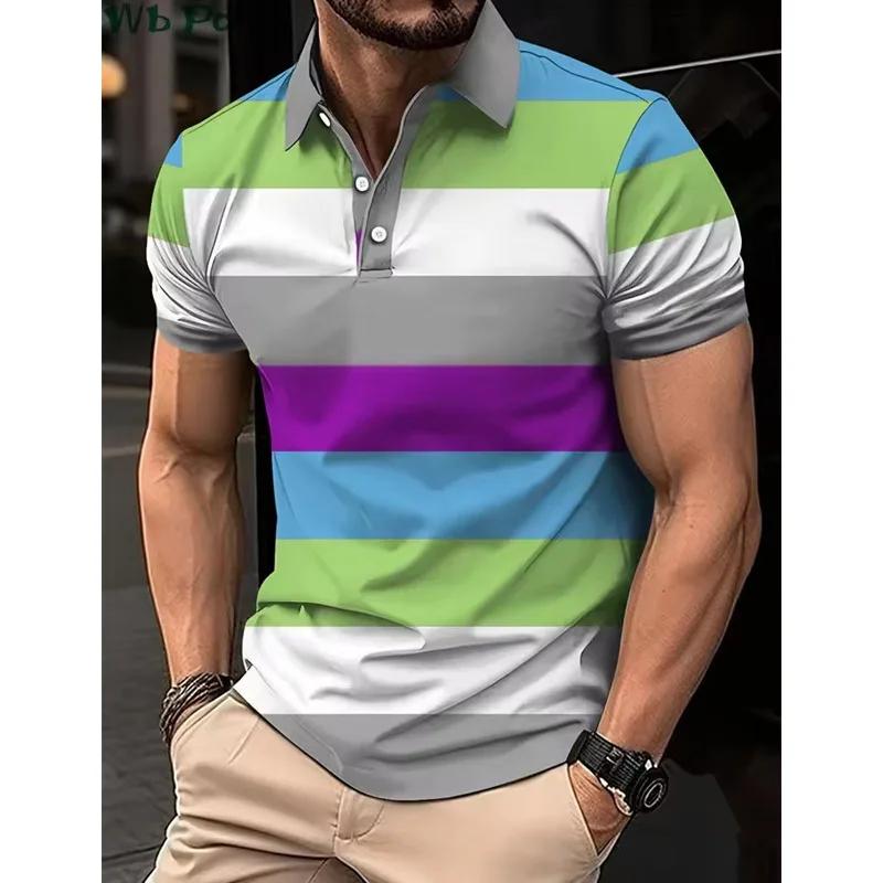 Striped Printed Men's Shirt, Men's Polo Street Men's Clothing, Loose Men's Polo Shirt