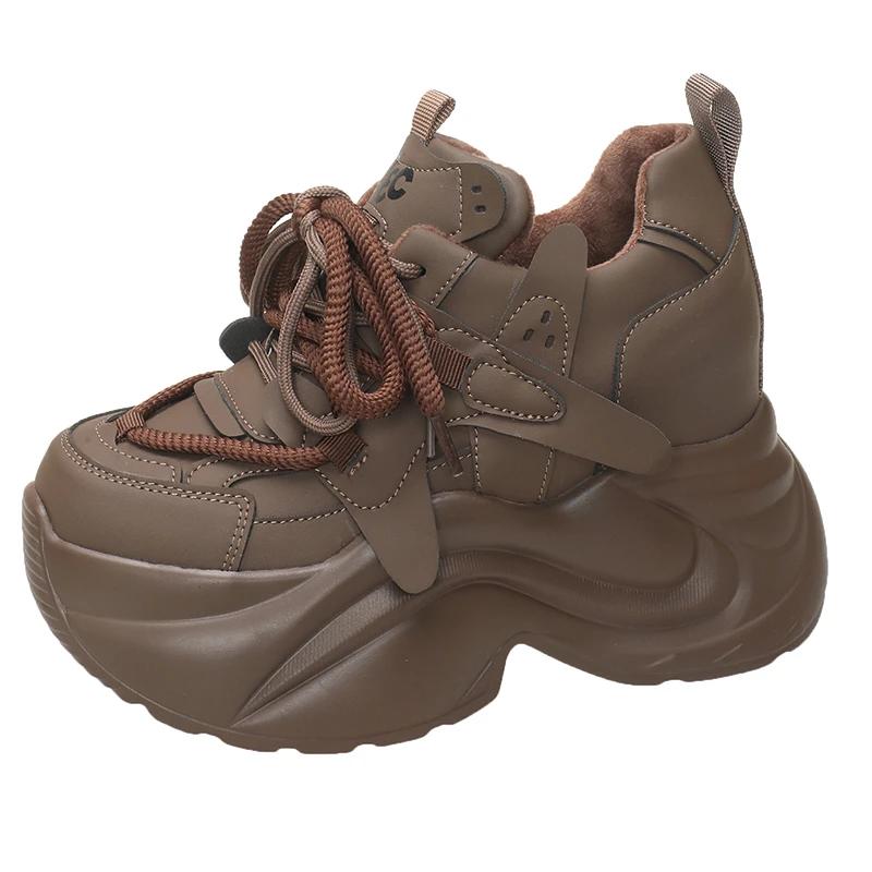 Fashion Autumn Winter Warm Chunky Sneakers Women Lace Up Platform Sports Shoes Woman Thick Bottom High Heels Female 10CM Wedges Sneakers