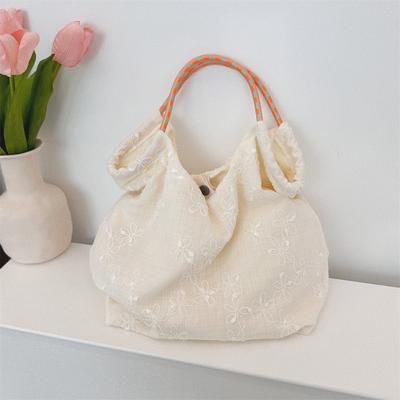 Sac à main d'été fin brodé fleur pour le travail, sac en toile littéraire pour sortir jouer, sac cabas
