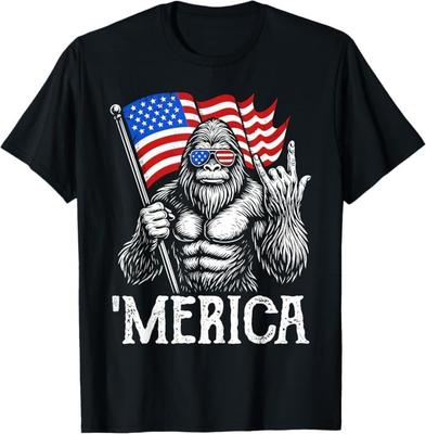 Bigfoot Merica Rock American Flag Patriotic 4th of July T-Shirt