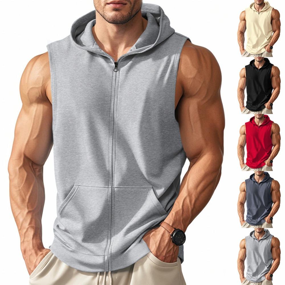 2026 Summer Men's Fitness Training Zipper Hooded Sweatshirt Sleeveless