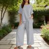 Women's Color Two Piece Set with Three-Quarter Sleeve Top and Long Pants Cotton Linen Casual Outfit