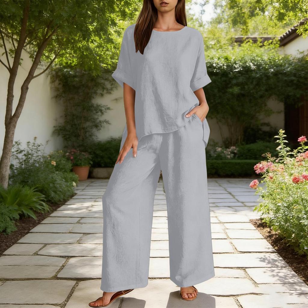 Women's Color Two Piece Set with Three-Quarter Sleeve Top and Long Pants Cotton Linen Casual Outfit