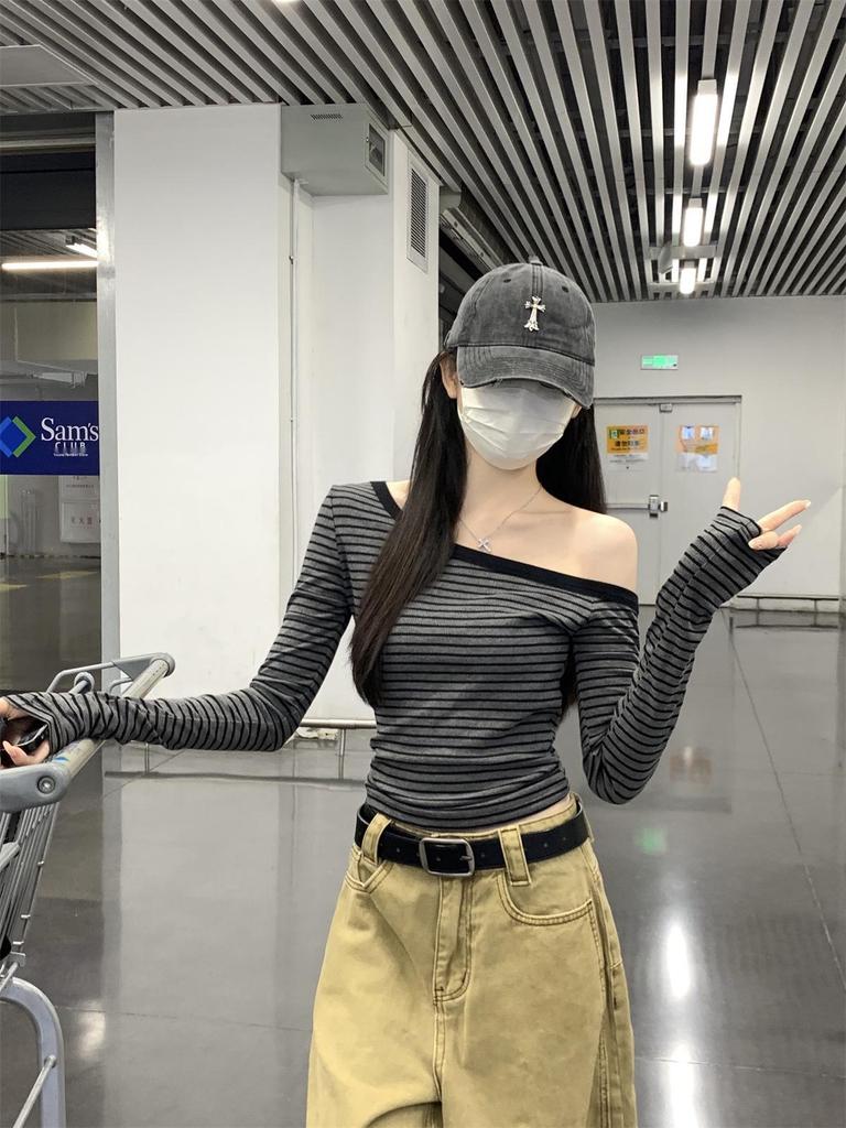 Stylish Slim-Fit Striped Off-the-Shoulder T-Shirt for Women – Spicy Autumn Vibe