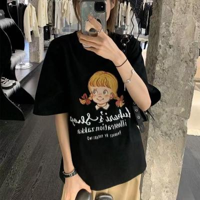 Women's Summer Printed Short-sleeved Shoulder T-shirt Round Neck Loose Design Chic Top