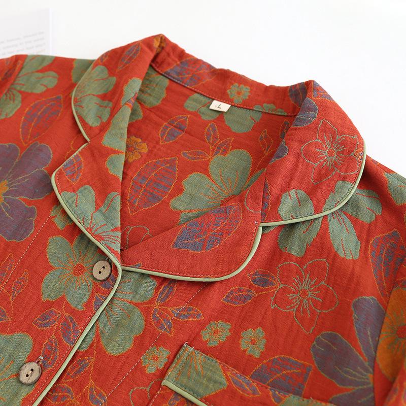 Floral Jacquard Cotton Cardigan & Loungewear Set for Middle-Aged Women