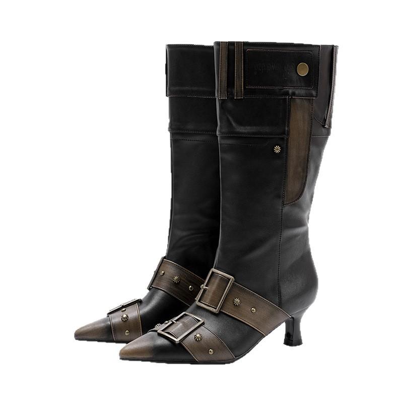 Cowhide version~ Big tube circumference heavy industry fashionable stacking boots long boots pleated fashion retro polished high knight boots