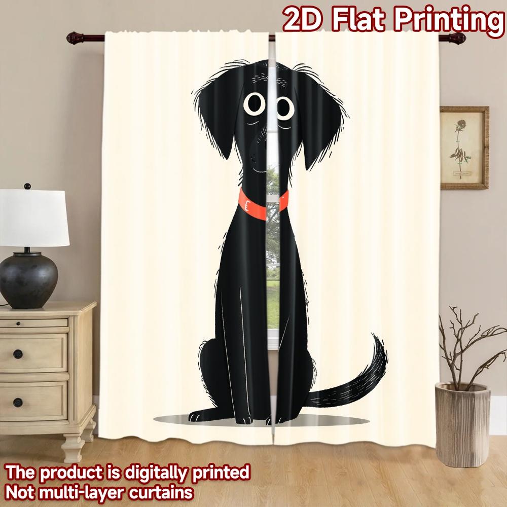 2D Flat Printing 2pcs Party Curtain Cute Black Lab Puppy Digital Printed Polyester Drapes Festive Holiday for Photo Booths