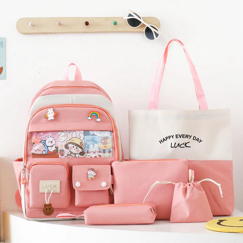 Five-Piece Backpack Set Women's Color Block Backpack Student Schoolbag Large Capacity Backpack