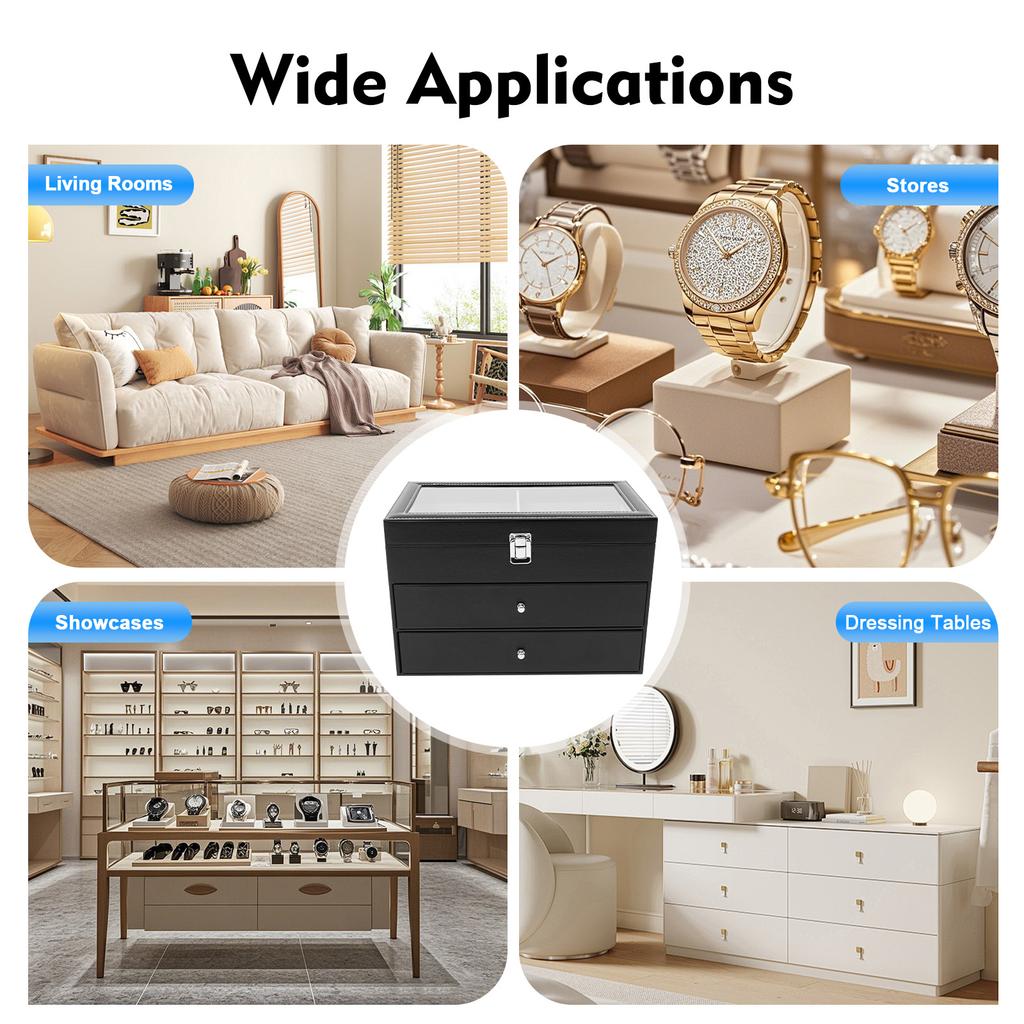 24 Slot Watch Box Glass Top, 3-Tier Display Case Holder Organizer for Watches & Eyeglasses with Lock for Collectors