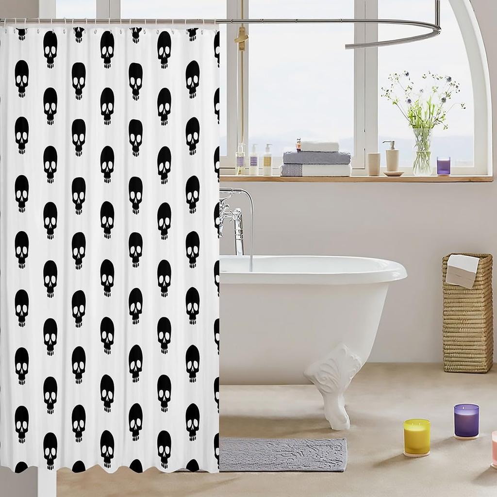 Skull Pattern Shower Curtain Black White Gothic Design Halloween Decor Punk Rock Theme Bathroom Art Bold Graphic Bath Linen