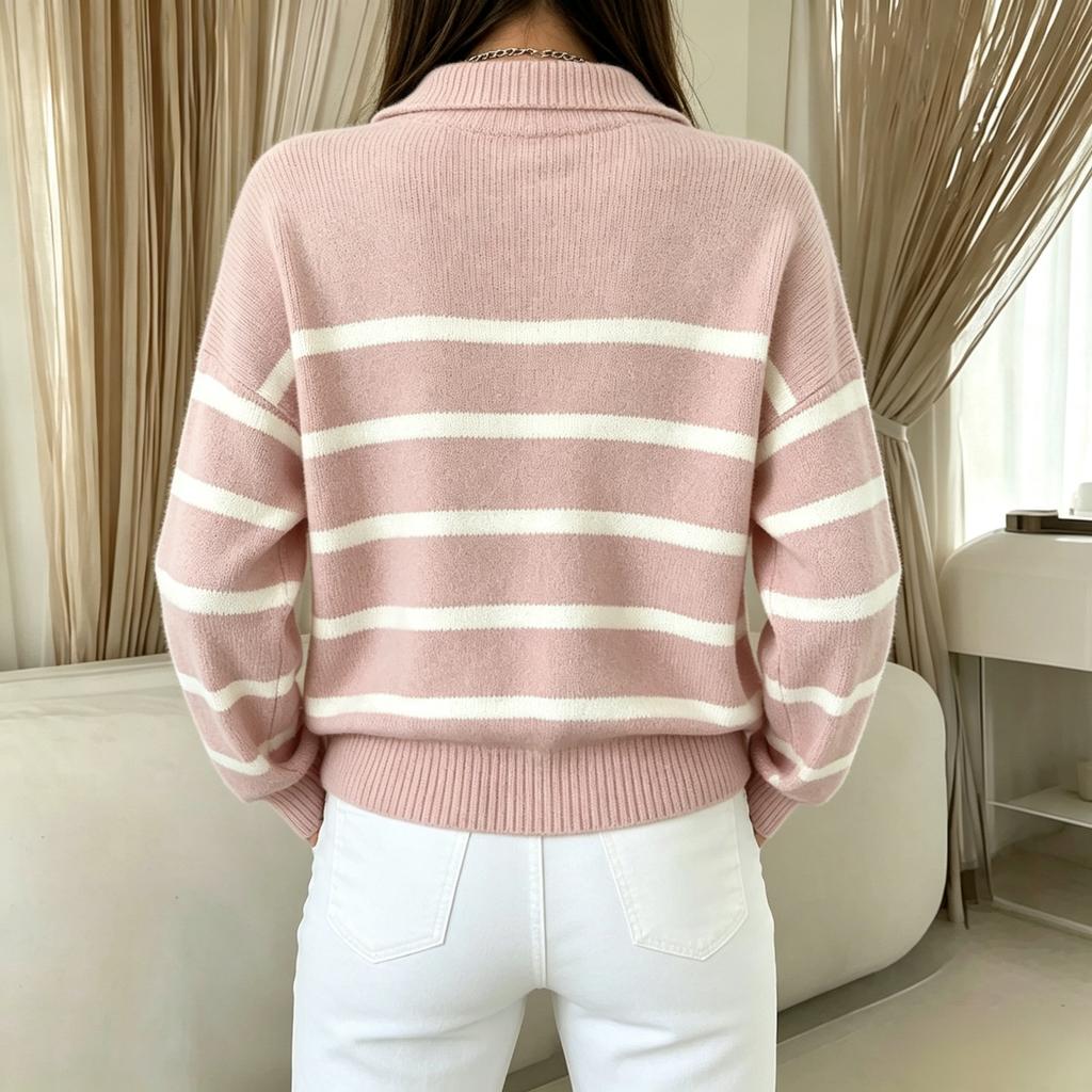 Women's Vintage Half Zip Striped Knit Pullover Top