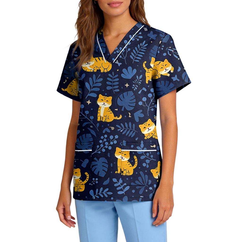 Bluză medicală elastică, cu uscare rapidă, decolteu în V, mânecă scurtă, imprimeu animal, cu buzunare, pentru uniformă medicală