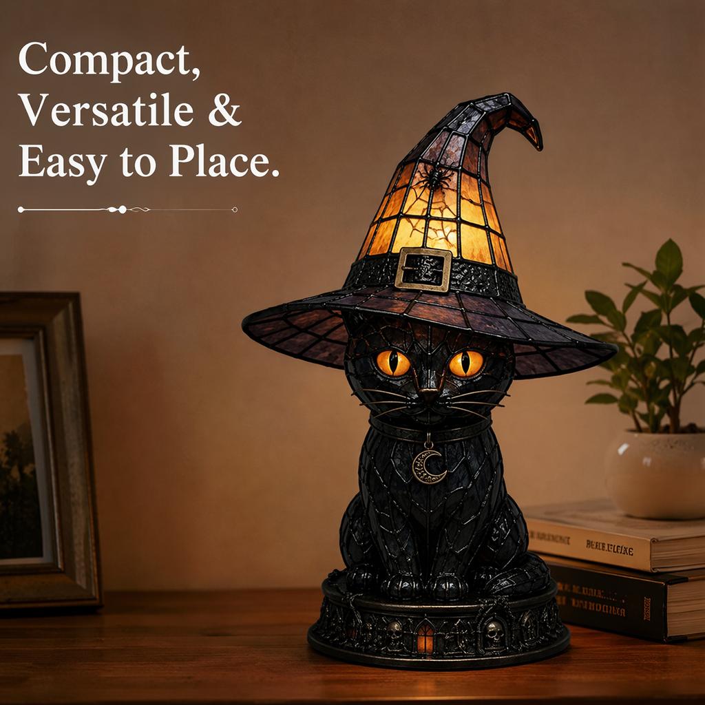 Gothic Cat Wizard Hat Night Light with Moon Pendant Colorful Witch Hat Desktop Lights for Halloween & Year-Round Home Decors