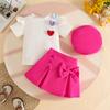 2026 New Fashion Baby Girl Heart Ribbed 3-Piece Set: Short Sleeve Top, Shorts & Beret
