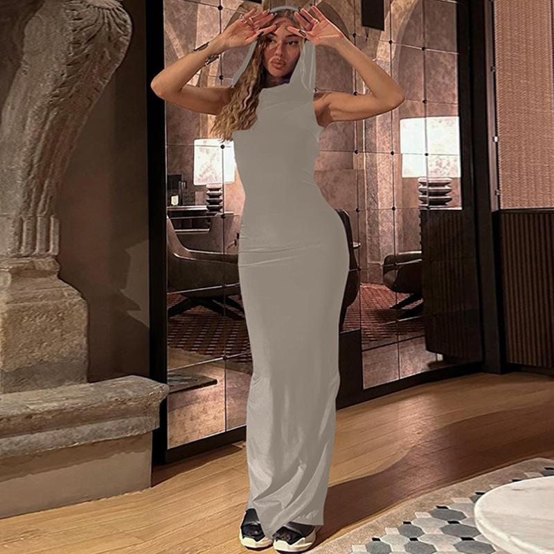 Women's Solid Colour Hooded Split Sleeveless Dress