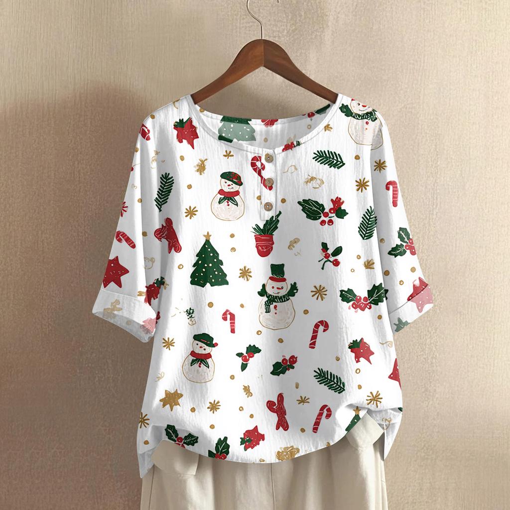 Women's Fashionable And Casual Shirt Half-sleeve Round Neck Print Cotton And Linen Blouse Top