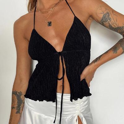 Damen Neckholder Crop Tops Sommer Einfarbig Bandage Offen Vorne Rückenfrei Ärmellos Grüne Tops y2k Streetwear