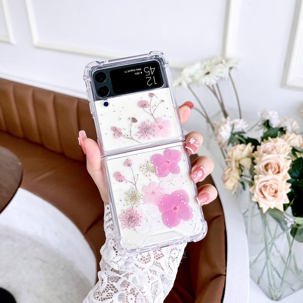 For Samsung Galaxy Z Flip 4 3 Flip4 Case Transparent Glitter Real Flower Clear Shockproof Protective Hard Back Cover Accessories