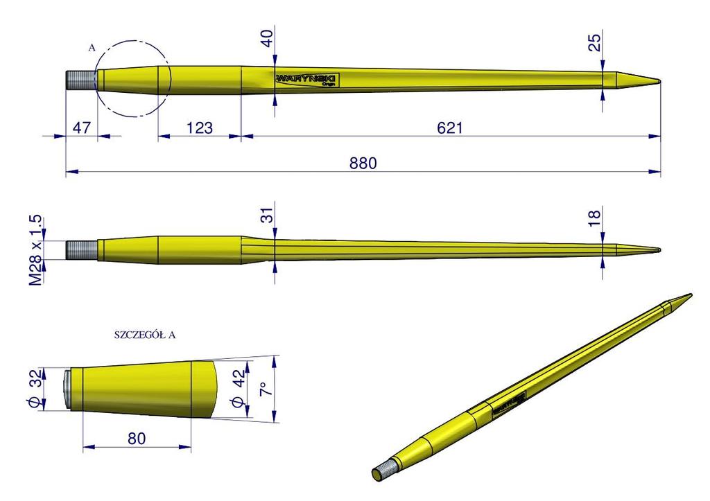 Ząb Ładowacza Ciężki Uniwersalny Prosty L- 880 Mm Tur Na Tuleję W-5791200 Waryński
