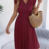 2026 Spring/Summer Women's Lace V-neck Black Ear Edge Waist Pleated Dress S-XL