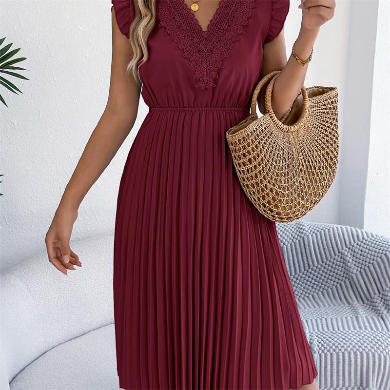 2026 Spring/Summer Women's Lace V-neck Black Ear Edge Waist Pleated Dress S-XL