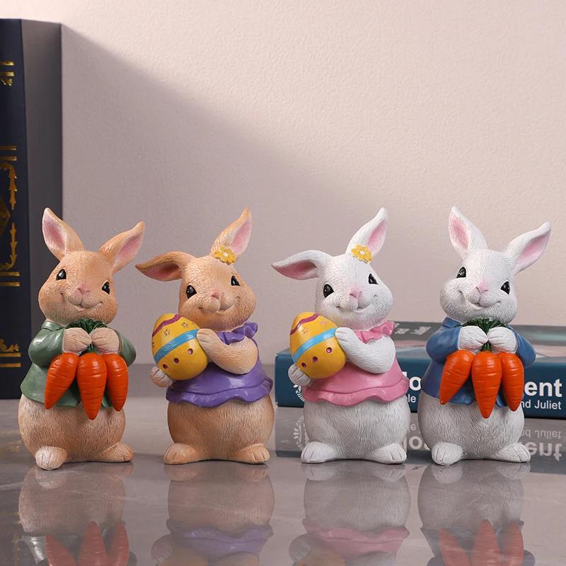 Easter Bunny Sculptures Hugging Carrots/Egg Figurines Desk Decorative Cute Rabbit Figure Creative Rabbit Figurine for Home Decor