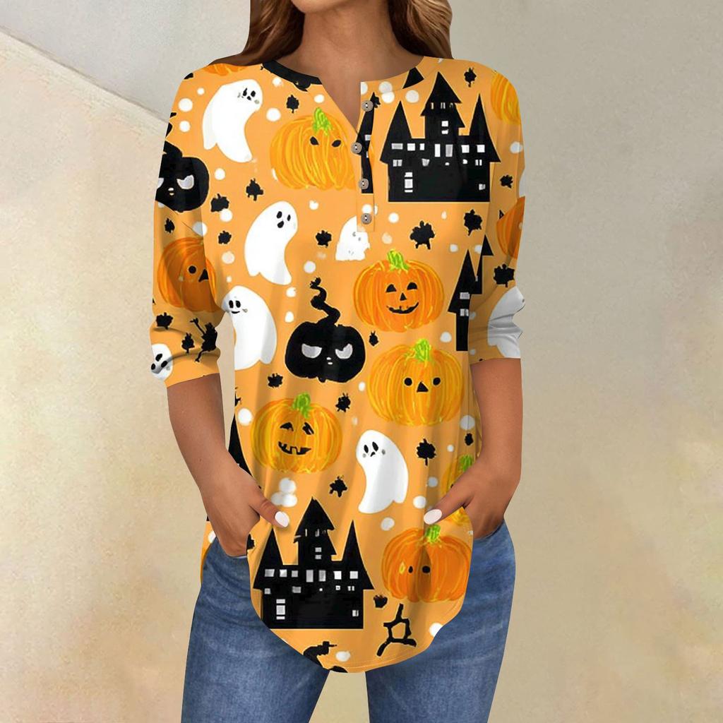 Women's Fashion Loose Button Collar Halloween Print Long Sleeve T-Shirt Top Pullover