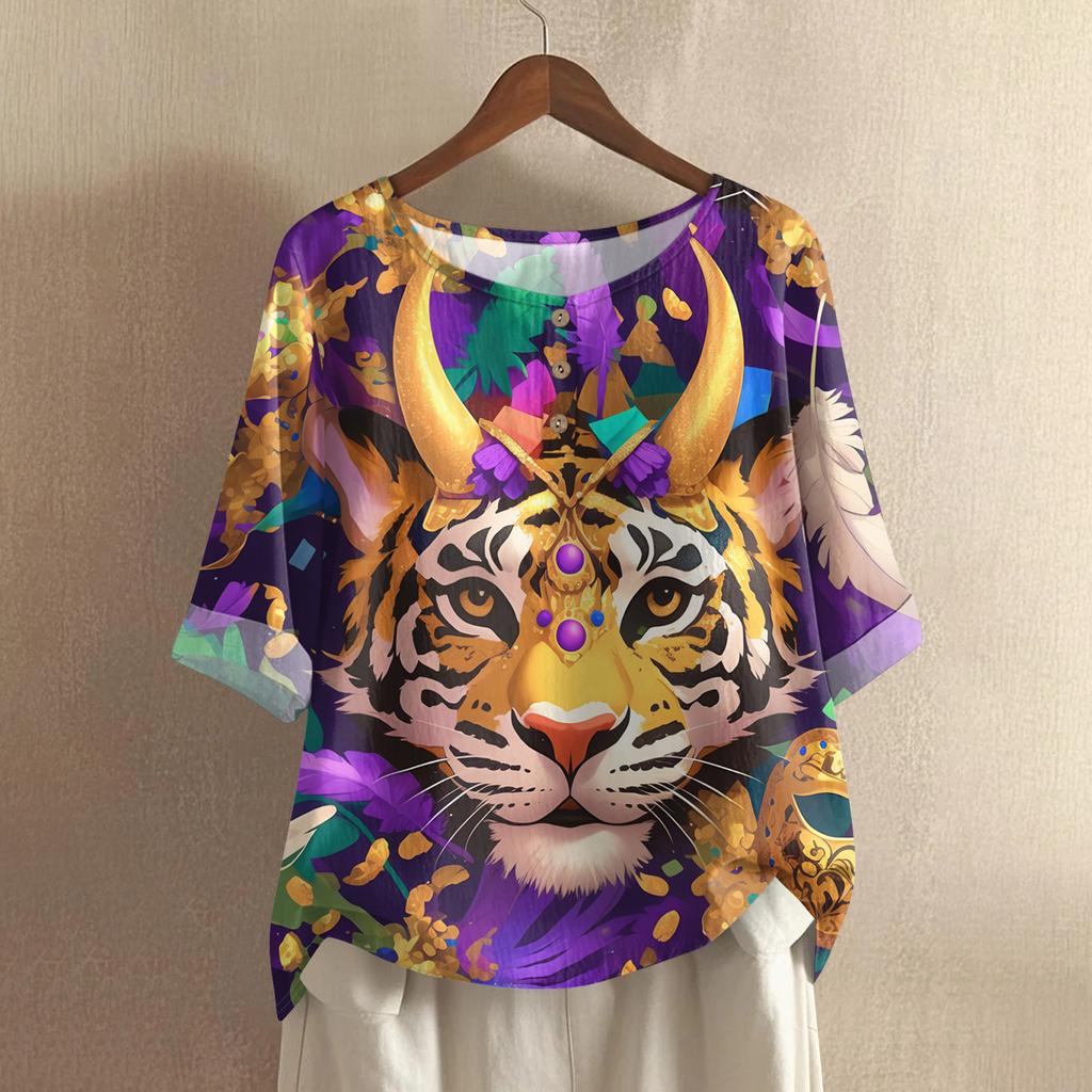 Women's Fashionable And Casual Shirt Half Sleeve Round Neck Print Cotton And Linen Blouse Top