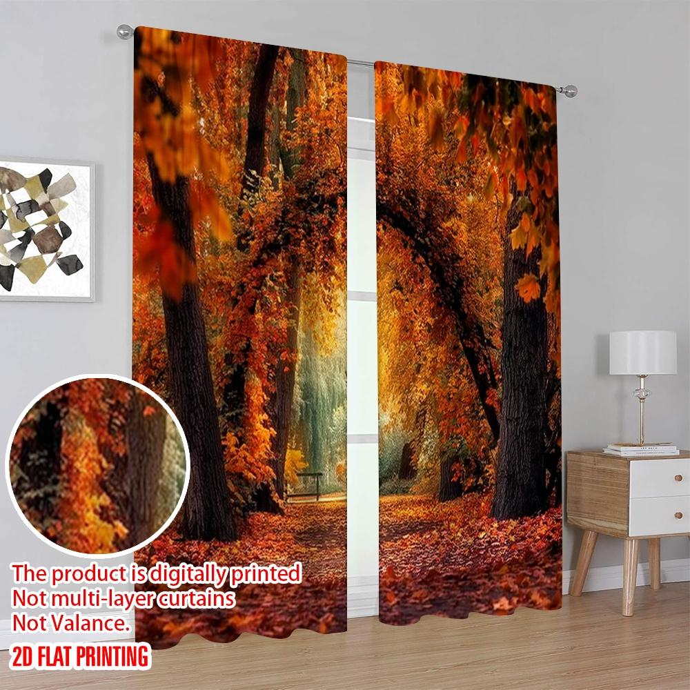 2pcs 2D flat printing St.Patrick's Day Curtain Bright orange and yellow autumn leaves 100% Polyester Without Electricity Family