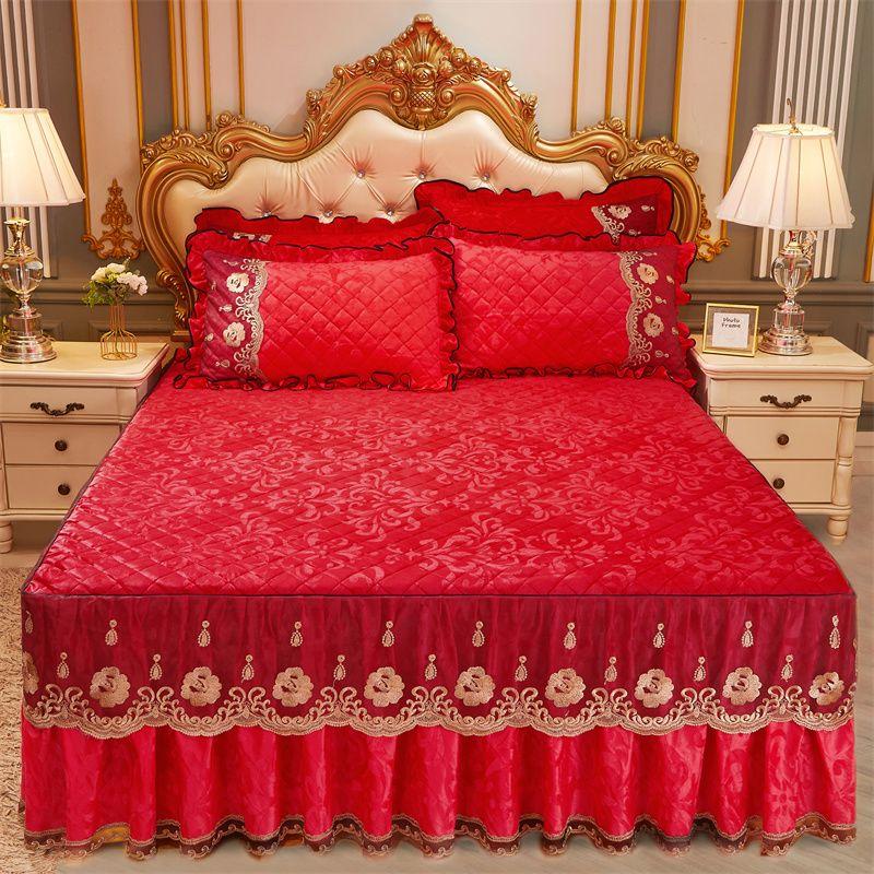 

Комплект из 3 предметов: клетчатая юбка для кровати с кружевной отделкой, утолщенное осенне-зимнее постельное белье из хрустального бархата, мягкое и удобное, принадлежности для спальни и гостевой комнаты 150*200CM арбуз красный