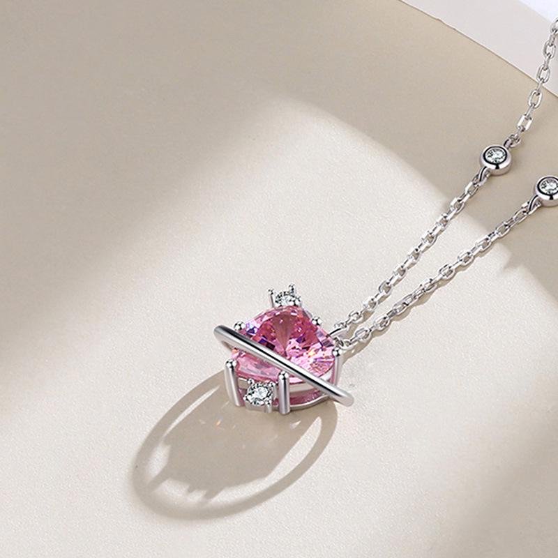 Ocean Heart LOVE Pink Zircon Necklace: 18K Gold-Clad 925 Silver