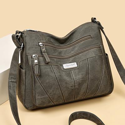 PU Textured Bag for Women New Fashion Crossbody Bag Embroidery Thread Splicing Multi-pocket Simple and Versatile Shoulder Bag for Women