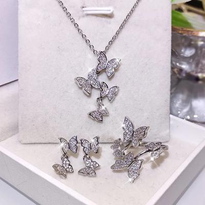 Süße Sterling Silber Klassische Funkelnde Zirkonia Schmetterling Halskette+Ohrringe+Ring Sets für Frauen Hochzeit