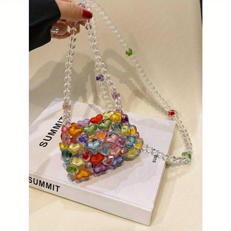 Mini Heart-Shaped Bead Square Bag With Color Matching Fashion, 1 Fashionable Colorful Heart-Shaped Bead Square Bag, DIY Hand Woven Bead