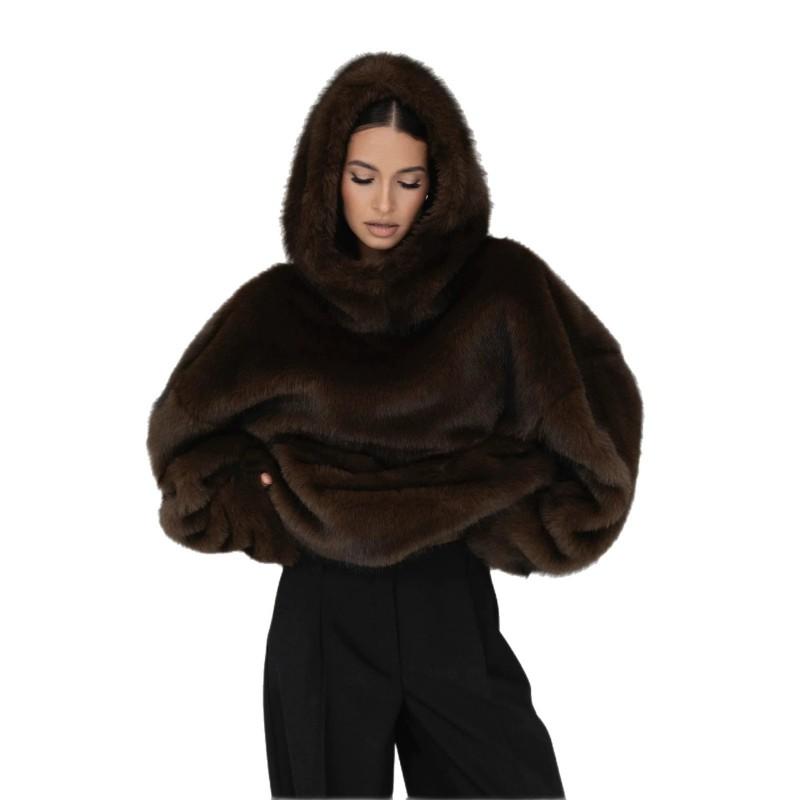 Womens Casual Brown Faux Fox Fur Hooded Coat Winter Thick Jacket Streetwear