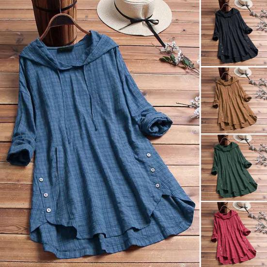 Women Top Loose Checked Long Sleeves Pullover Drawstring Dress Up Hooded A-line Plus Size Fall Shirt Female Clothes