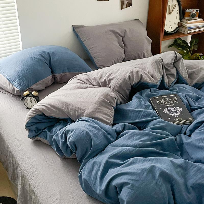 Super Soft Bed 4Pcs Set, Pure Washed Cotton Quilt Cover, Bed Sheet Full Quilt Cover, Bed Hat Student Three 4-Piece Set