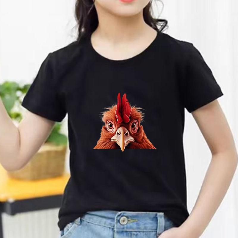 Kids Cotton T Shirt Cute Peeking Chicken Print Crew Neck Short Sleeve Tee Casual Breathable Boys Girls Summer Tops