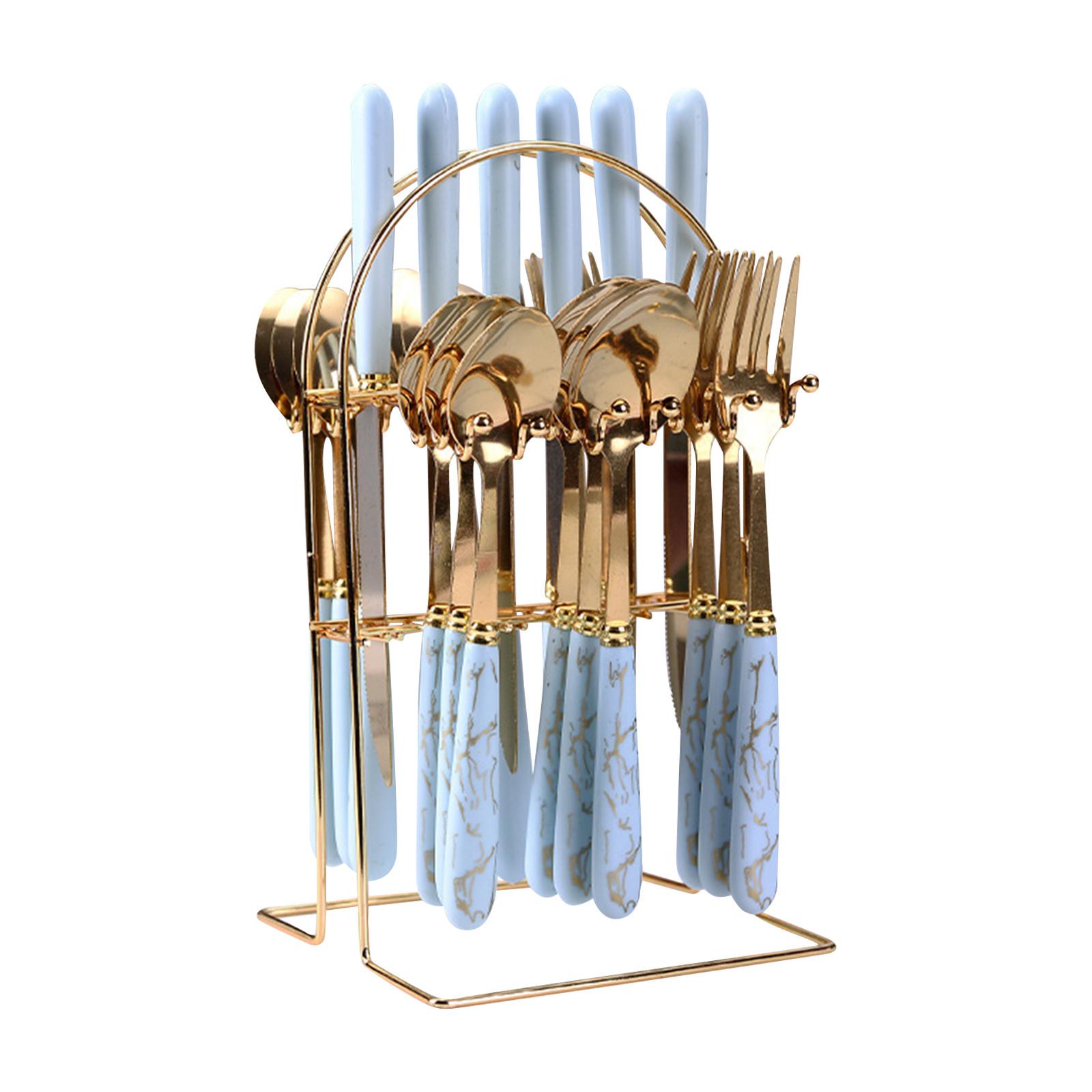 

Набор посуды из нержавеющей стали из 24 предметов, керамическая ручка, узор, пластиковая ручка, набор ножей, ложек и вилок в западном стиле One Size синий