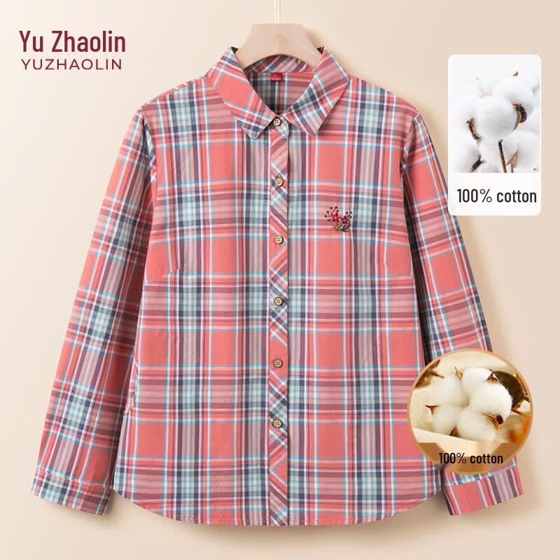 YUZHAOLIN Women s Plaid 100% Cotton Embroidered Long Sleeve Shirt 4XL