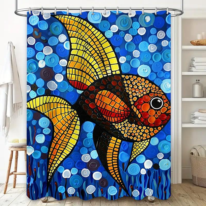 Artistic Fish Pattern Shower Curtain Blue Tiled Design for Bathrooms Decor DIY Home Improvement Projects