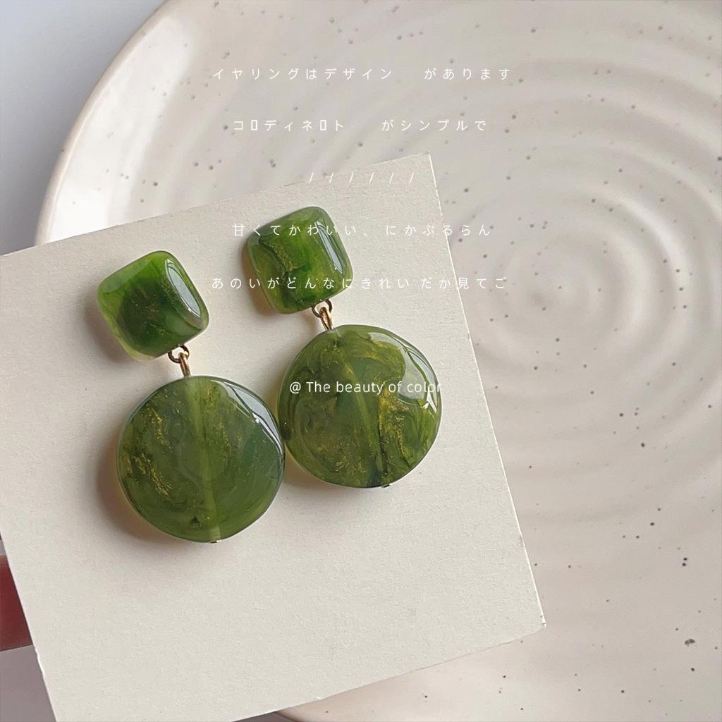 Hong Kong style exaggerated green geometric earrings literary and fresh smudging square circle handmade temperament ear jewelry